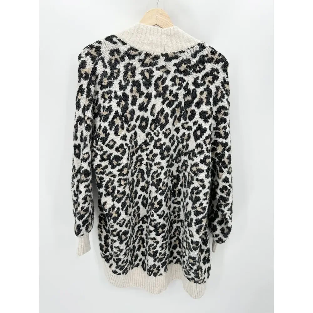 LOFT Leopard Print Cardigan Sweater S Cream Open Front Cozy Knit Preppy Chunky - Picture 3 of 9